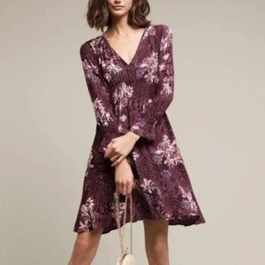 Anthropologie Maeve Monaco maroon floral long sleeve aline tiered dress Size‎ XS